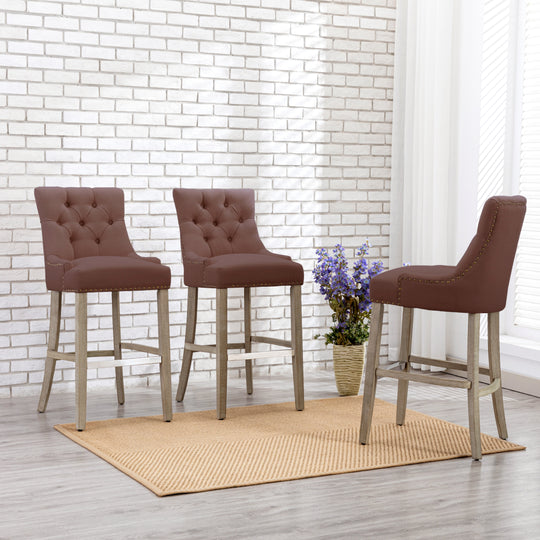 Hayes 29" Upholstered Tufted Wood Bar Stool (Set of 3), Antique Gray