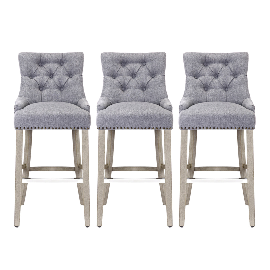 Hayes 29" Upholstered Tufted Wood Bar Stool (Set of 3), Antique Gray