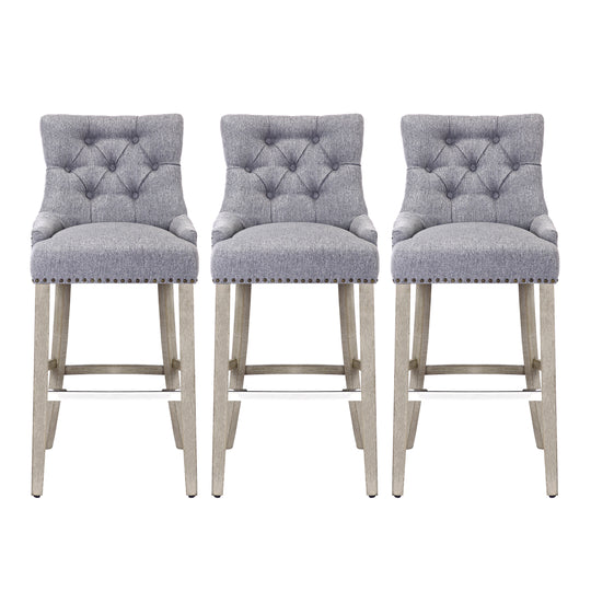 Hayes 29" Upholstered Tufted Wood Bar Stool (Set of 3), Antique Gray