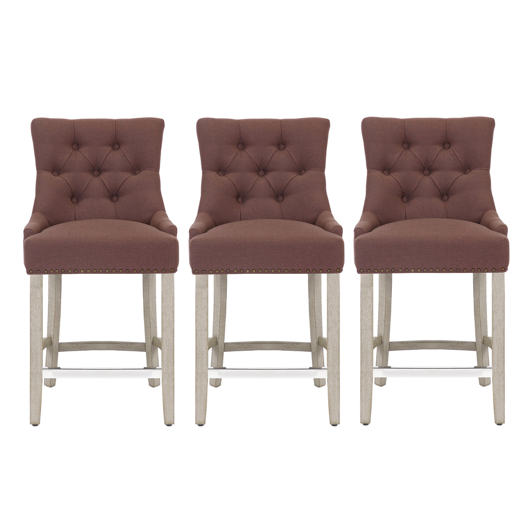 Hayes 24" Upholstered Tufted Wood Bar Stool (Set of 3), Antique Gray