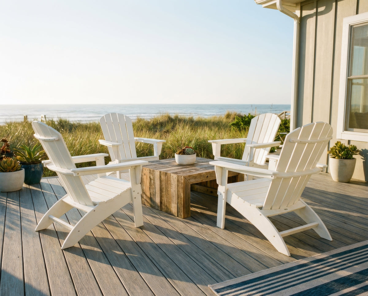 A bright, sunny coastal patio featuring a set of HDPE Adirondack chairs in crisp white arranged around a low coffee table, with beach grass and ocean visible in the background and soft morning light casting gentle shadows across a weathered composite deck