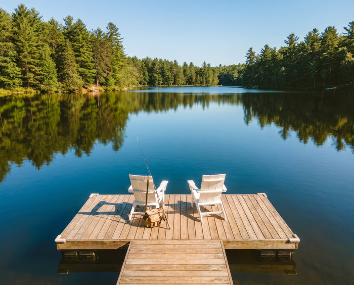  An aerial drone-style view of a lakeside dock at midday. Two bright white HDPE Adirondack chairs sit at the end of the dock