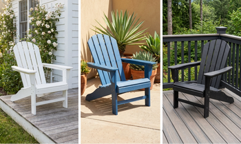 Three HDPE Adirondack chairs shown in white, blue, and black across different outdoor settings including a cottage garden, desert patio, and wood deck