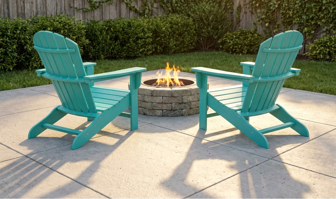 Two turquoise HDPE Adirondack chairs facing a stone fire pit on a concrete patio with green lawn in the background