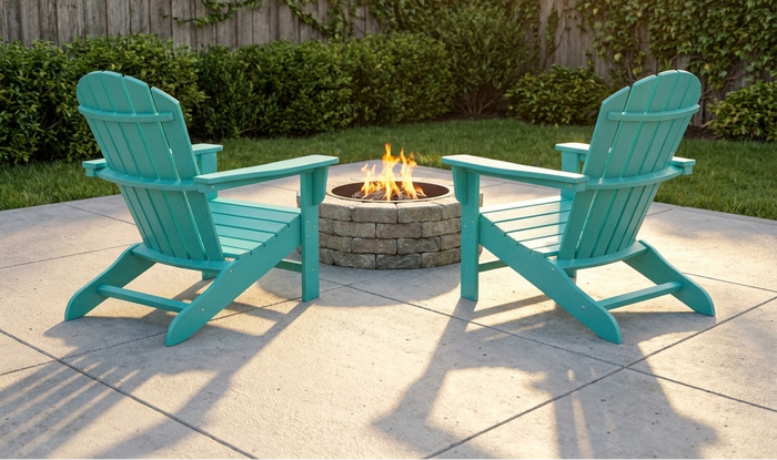 Two turquoise HDPE Adirondack chairs facing a stone fire pit on a concrete patio with green lawn in the background