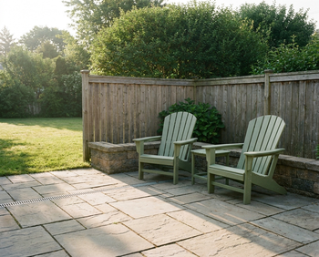 Two sage green HDPE Adirondack chairs on a stone patio beside a raised garden bed and wood privacy fence with green lawn in the background