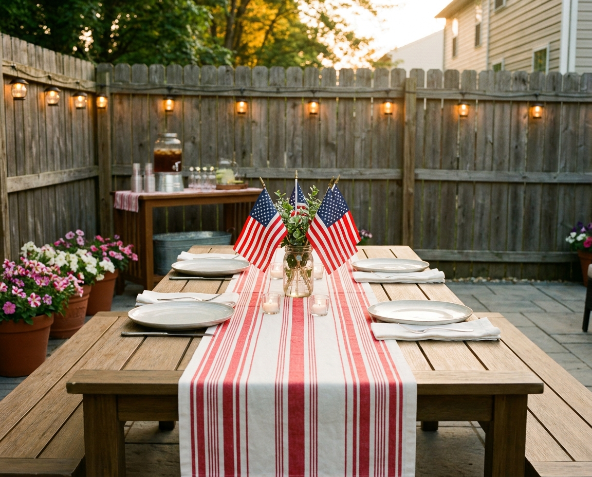 Patriotic outdoor dining table set with American flags, red striped table runner, white plates, and candles on a wood patio surrounded by pink flowers for a Fourth of July celebration