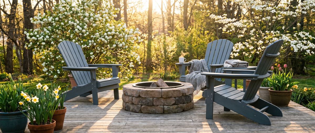 Four gray Adirondack chairs arranged around a round stone fire pit on a wooden deck, surrounded by blooming spring trees, daffodils, and tulips in a lush garden setting