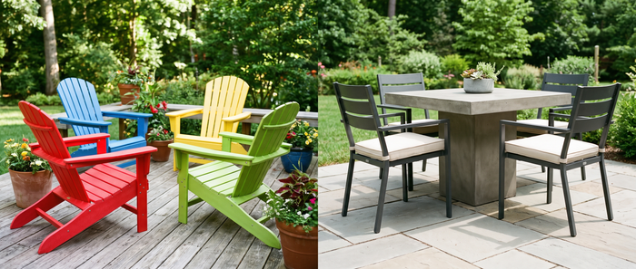 Split image showing four colorful Adirondack chairs (red, blue, yellow, green) on a wooden deck surrounded by potted flowers on the left, and a gray concrete-top dining table with four black metal chairs and cream cushions on a stone patio on the right.