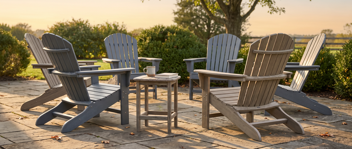 Adirondack chairs in gray and weathered wood finishes arranged around a matching round side table on a stone patio.