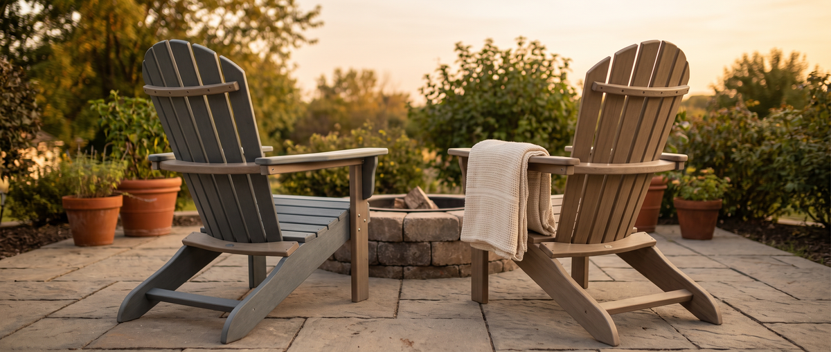 Two Adirondack chairs, black and gray-brown, flank a stone fire pit on a patio at sunset