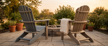 Two Adirondack chairs, black and gray-brown, flank a stone fire pit on a patio at sunset