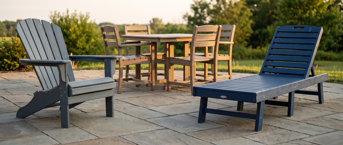 Gray Adirondack chair and navy chaise lounge beside a wood-tone outdoor dining table and chairs on a stone patio.