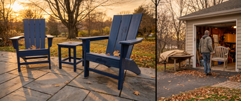 Navy HDPE poly lumber Adirondack chairs and side table on patio beside garage where wood chair is stored.