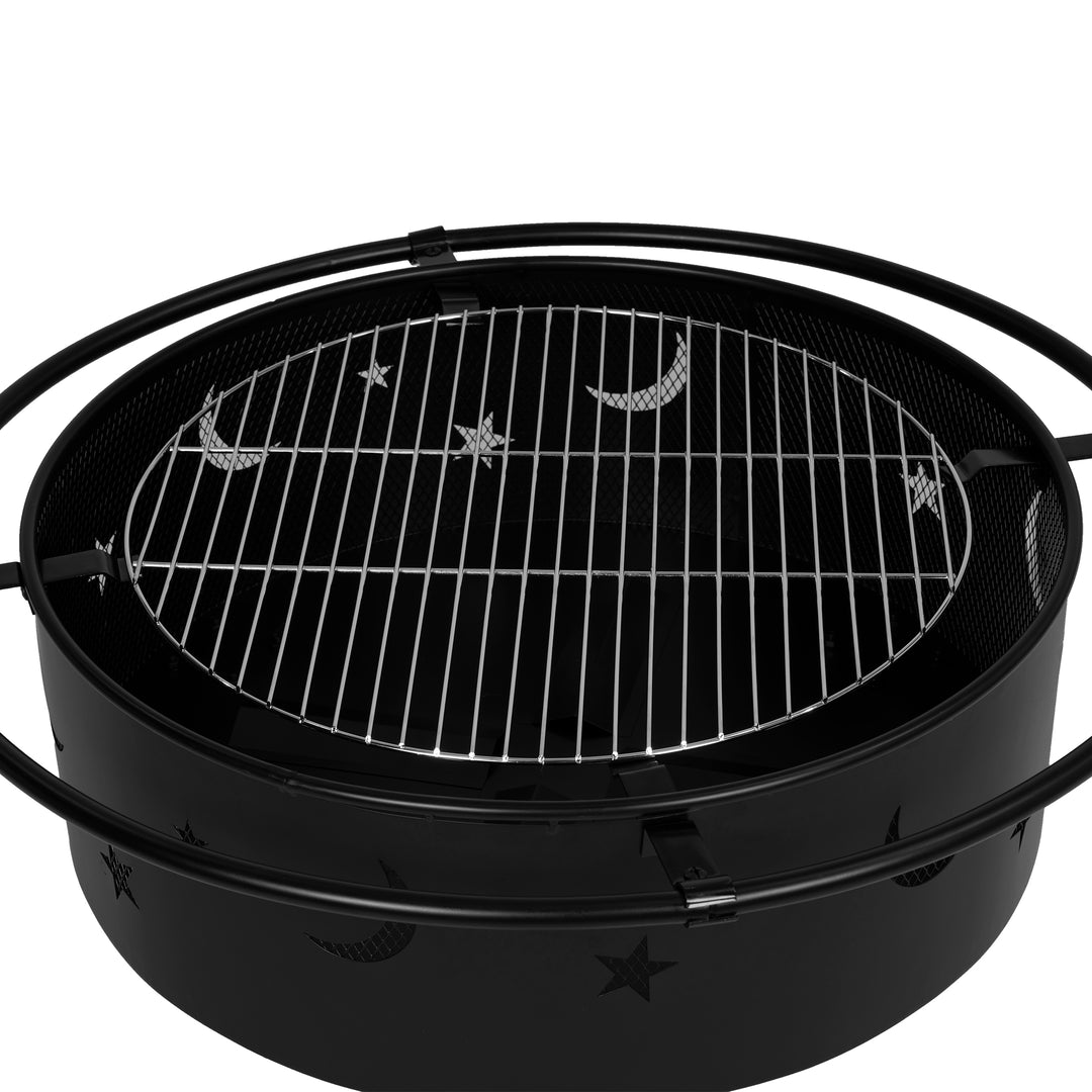 Creekside Outdoor Star and Moon Steel Burning Round Fire Pit with Wire Mesh Lid