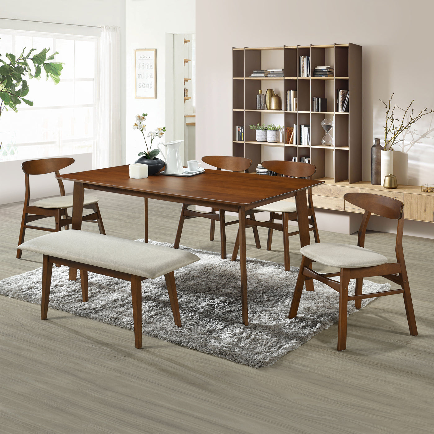 Lalia 6-Piece Solid Wood Upholstered Chair and Dining Table Bench Dining Set