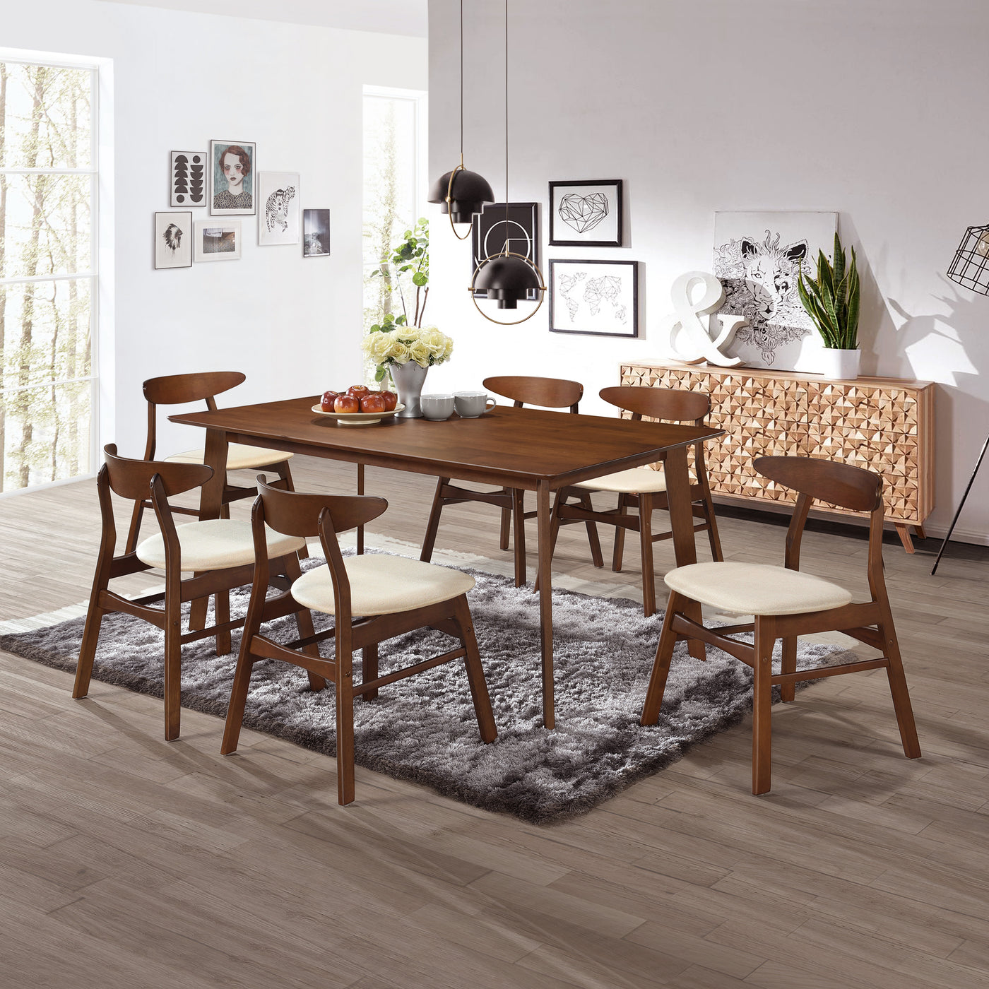 Lalia 7-Piece Solid Wood Upholstered Chair and Dining Table Set