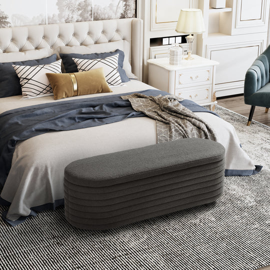 Alexandria 54" Wide Mid-Century Modern Upholstered Teddy Sherpa Tufted Oval Storage Ottoman Bench