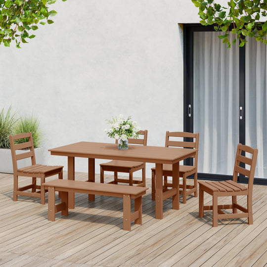 Ashore 6-Piece Outdoor HDPE Rectangular Patio Dining Table Set with Bench