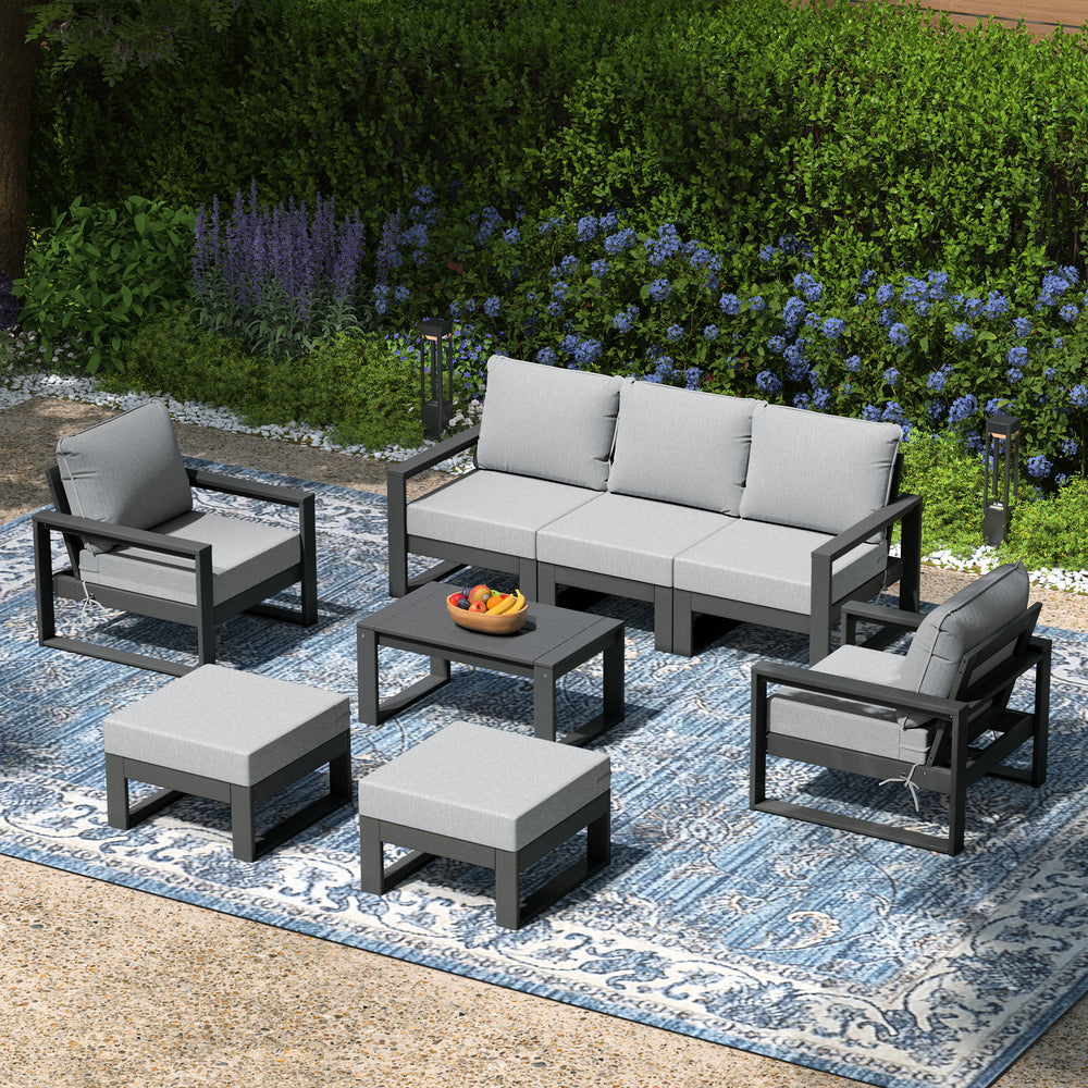 Montara 8-Piece Modern HDPE Outdoor Patio Furniture Conversation Set with Coffee Table and Ottomans