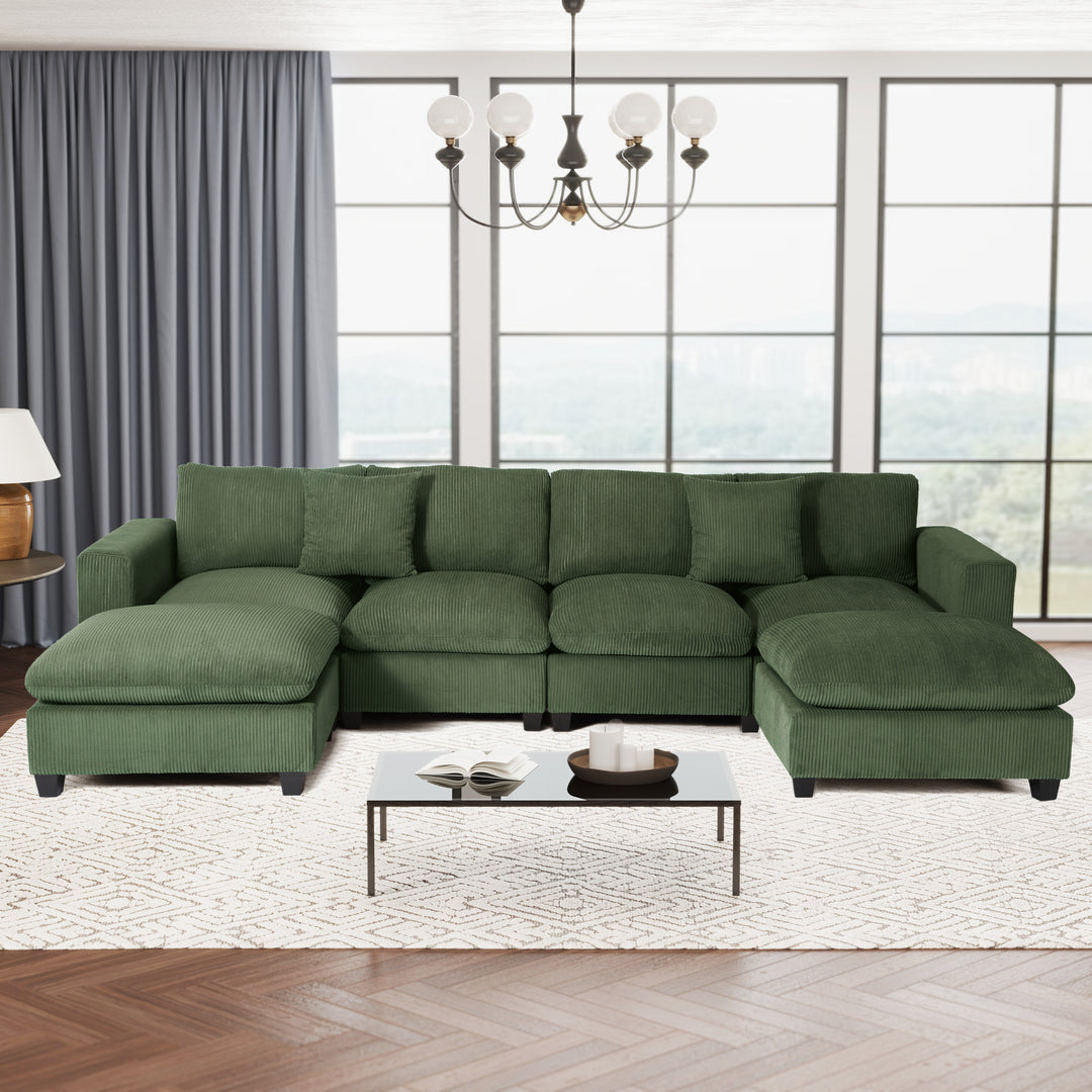 Hearthside 128" Corduroy Modular U-Shaped Sectional Couch and Chaise With USB/Type-C Ports and Side Pockets