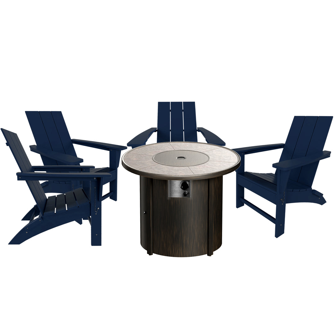 Ashore Modern Folding Poly Adirondack Chair With Round Fire Pit Table