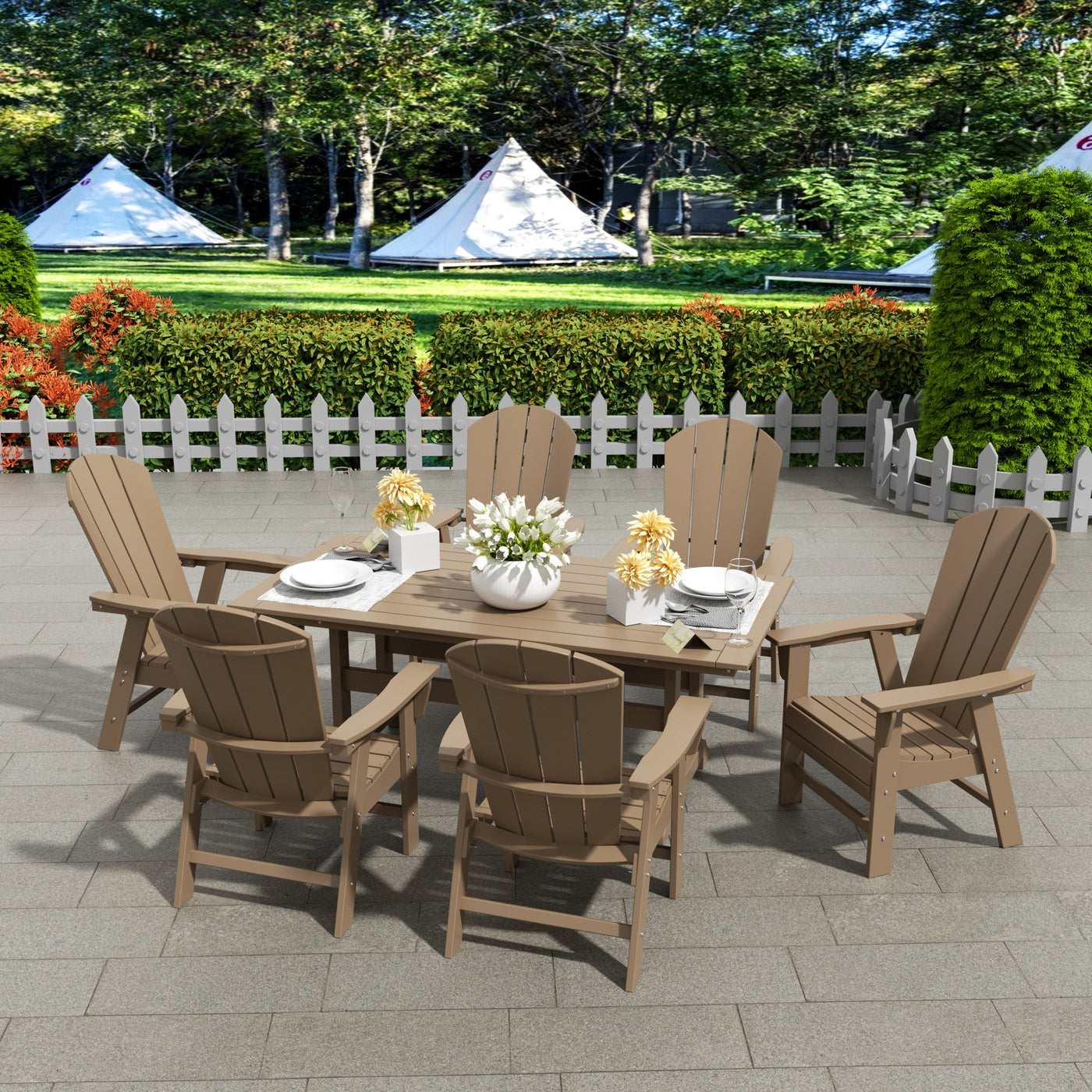 Malibu 7 Piece Outdoor Patio Dining Table and Adirondack Armchair Set
