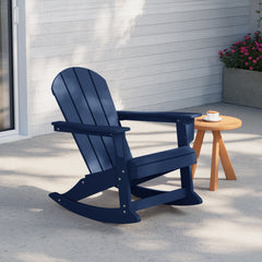 Malibu Adirondack rocking chair in Navy Blue styled outdoors