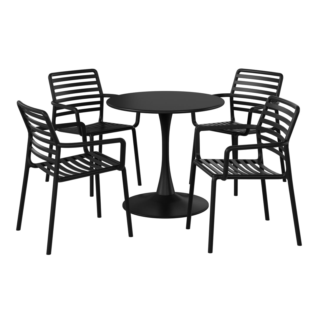 Playa 5-Piece Indoor Outdoor Metal Patio Dining Table Set With Stackable Plastic Patio Arm Chairs