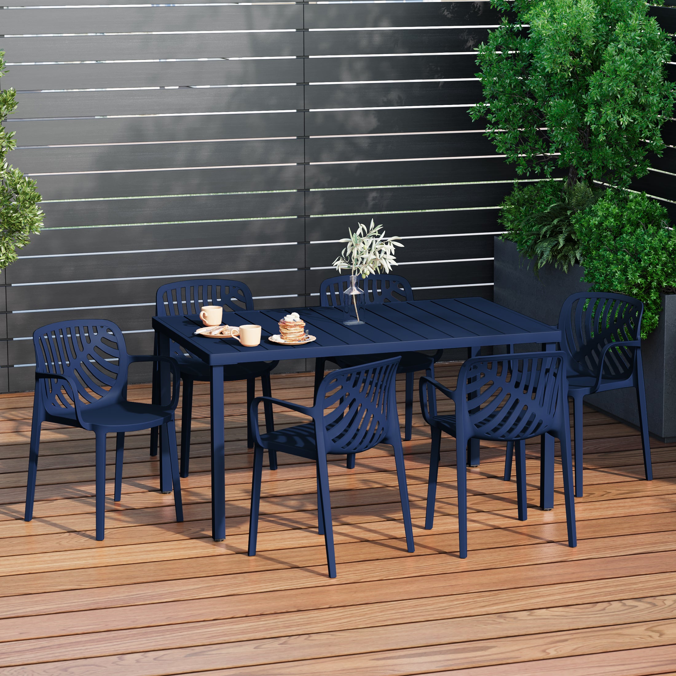 Playa 7-Piece Outdoor Metal Rectangle Patio Dining Table Set With Stackable Resin Patio Dining Chairs