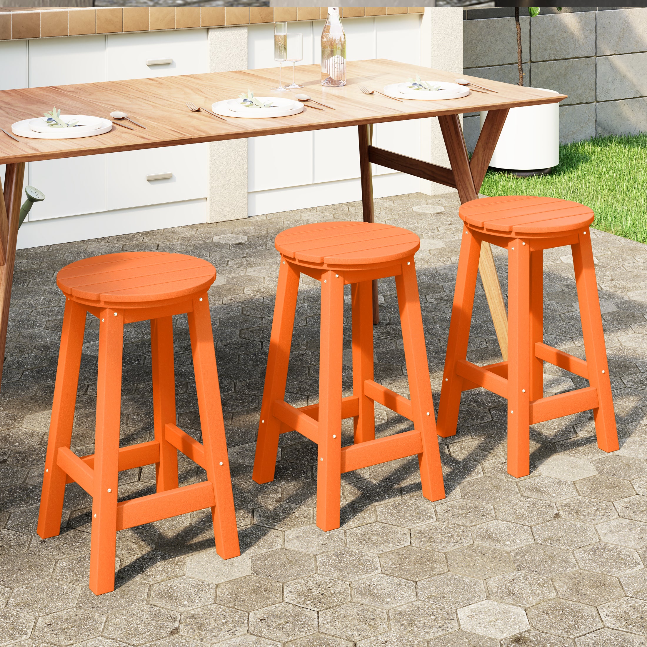 Malibu 24" HDPE Outdoor Patio Round Counter Height Bar Stool Set of 3