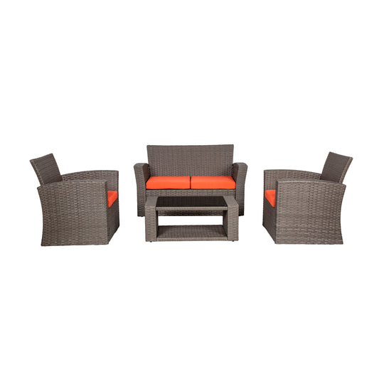 Coastal 4-Piece set Gray color base Outdoor / Patio Wicker Rattan Conversation Sofa set with cushions and a Coffee table ( 4 seater )