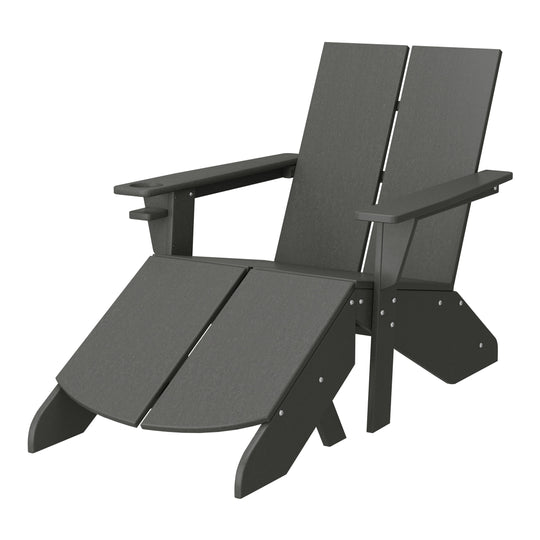 Riviera Outdoor HDPE Modern Adirondack Chair with Folding Patio Ottoman and Cup Holder