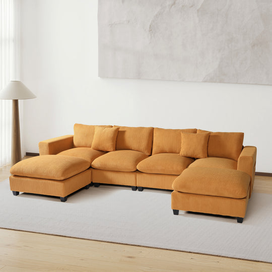 Hearthside 128" Corduroy Modular U-Shaped Sectional Couch and Chaise With USB/Type-C Ports and Side Pockets