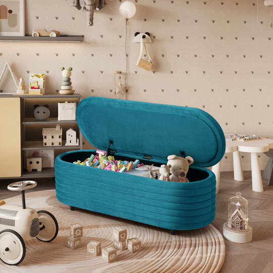 Phoebe 54" Wide Mid-Century Modern Upholstered Velvet Tufted Oval Storage Ottoman Bench