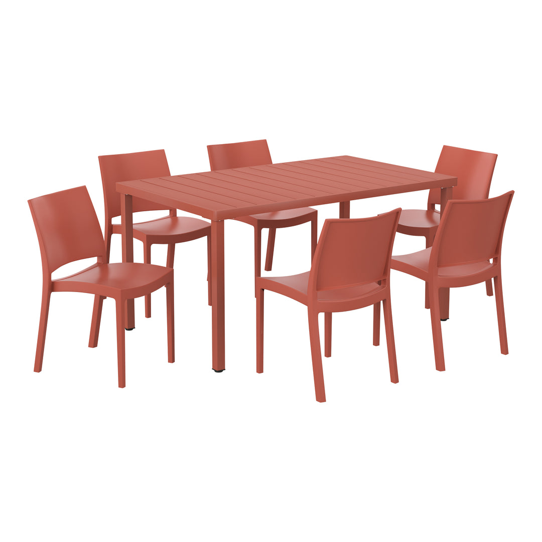 Playa 7-Piece Outdoor Rectangular Metal Patio Dining Table Set With Stackable Resin Patio Side Chairs