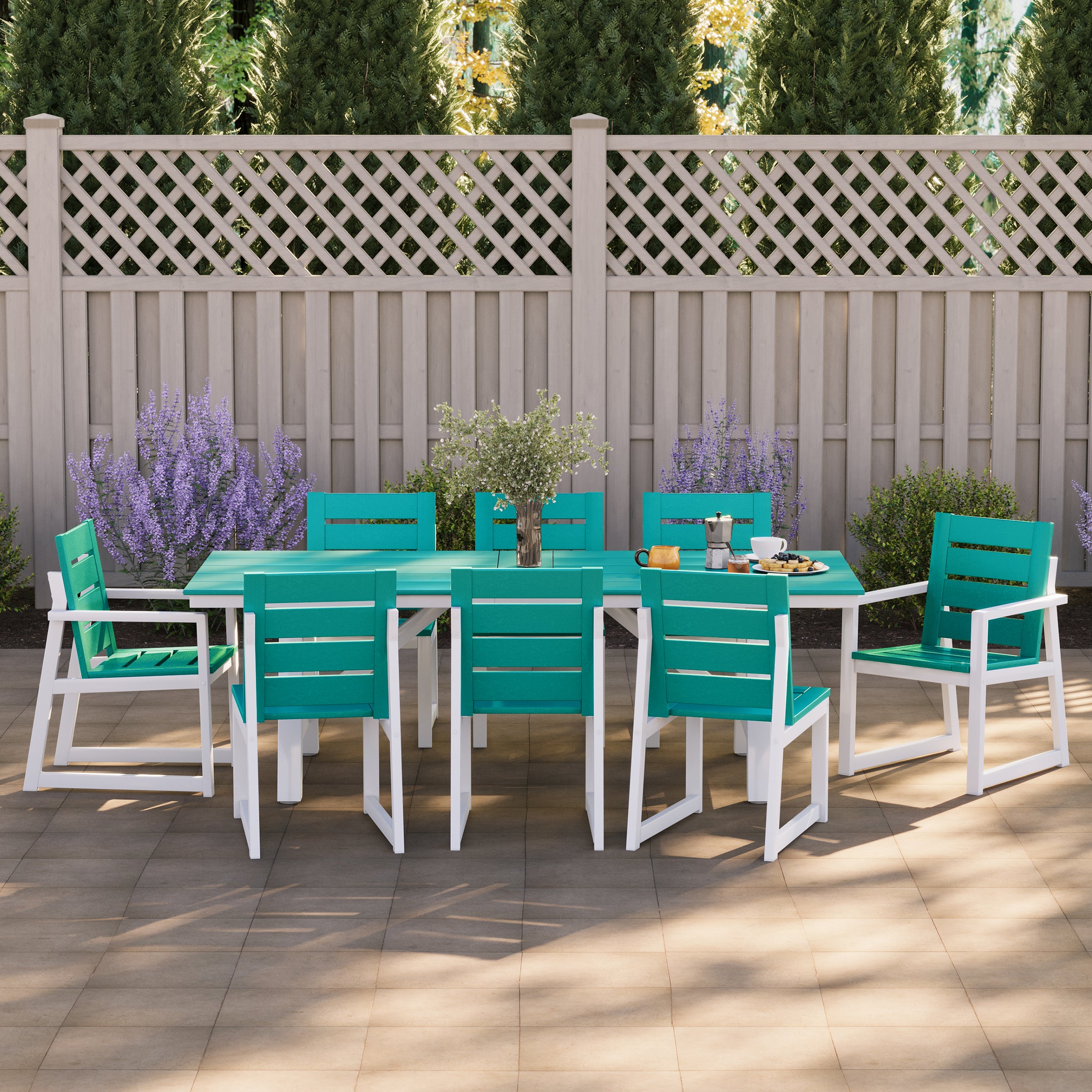 Cape May 9-Piece HDPE Outdoor Furniture Patio Dining Table With Umbrella Hole and Chairs Set For 8