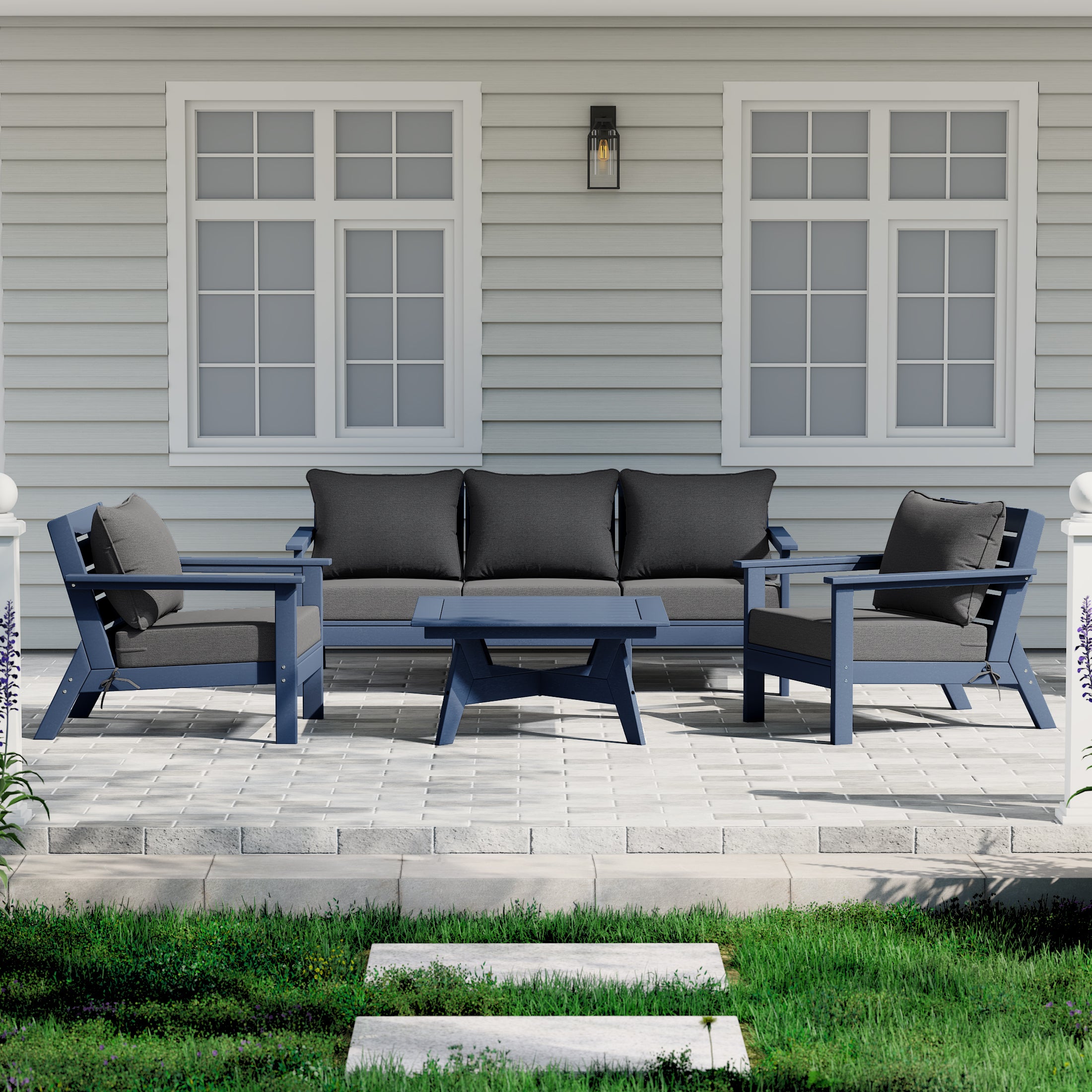 Avalon Outdoor 6-Piece Modular Sectional Patio Furniture Sofa Set in Navy Blue Frame
