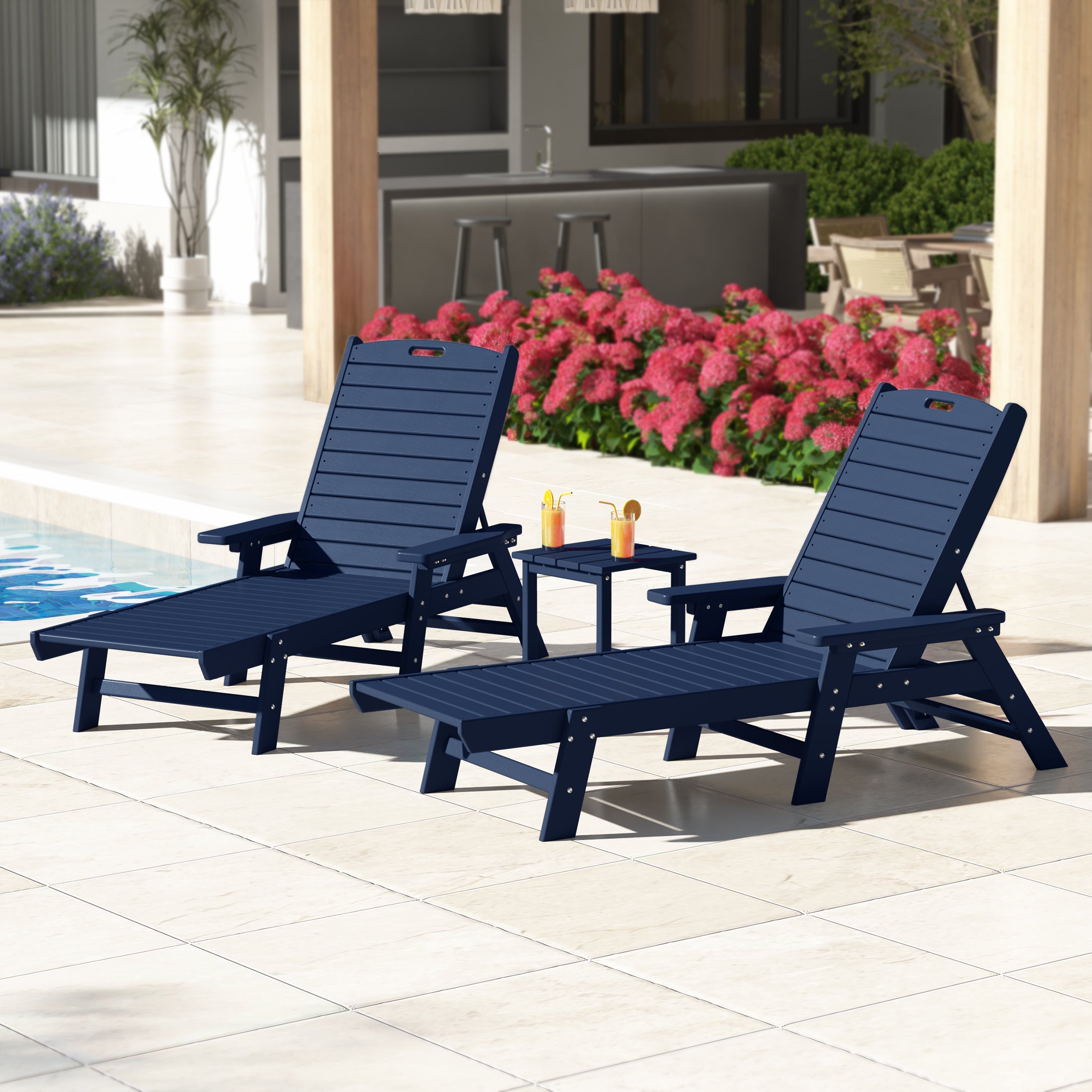 Malibu Poly Reclining Chaise Lounge Set With Table