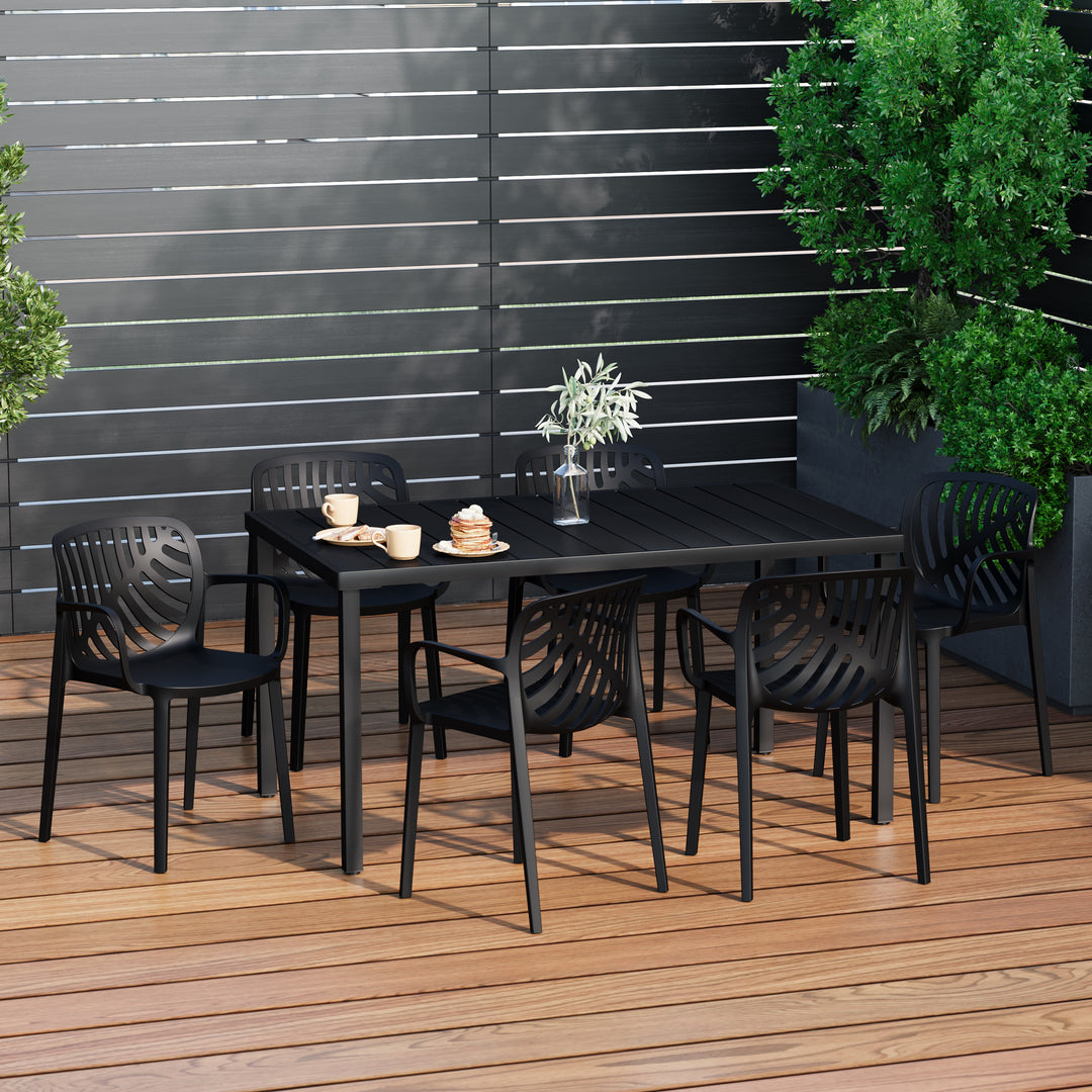 Playa 7-Piece Outdoor Metal Rectangle Patio Dining Table Set With Stackable Resin Patio Dining Chairs