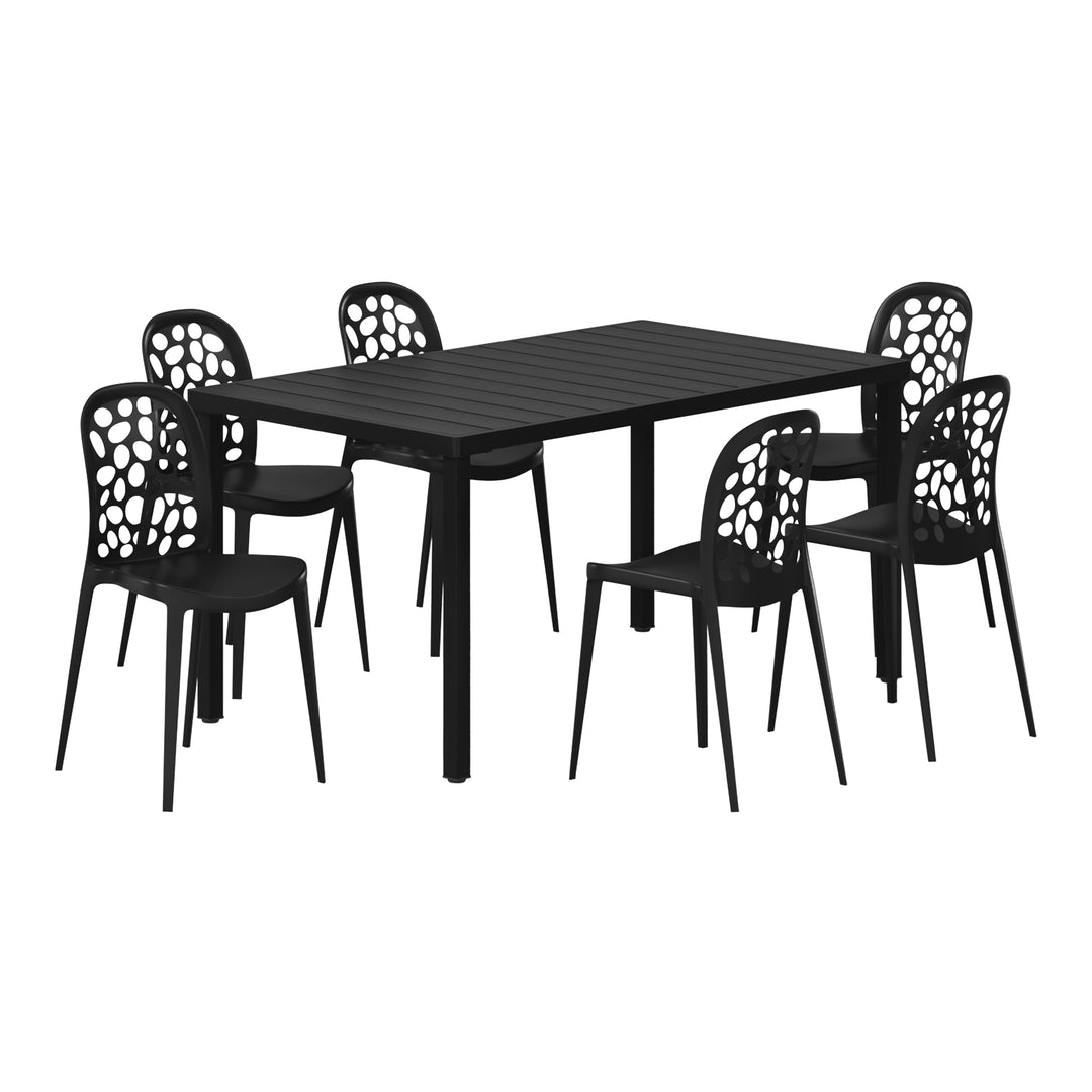 Playa 7-Piece Outdoor Metal Rectangle Patio Dining Table Set With Stackable Patio Dining Side Chairs
