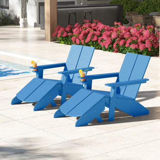 Riviera Outdoor 4-Piece HDPE Modern Adirondack Chairs Set with Folding Patio Ottomans and Cup Holder