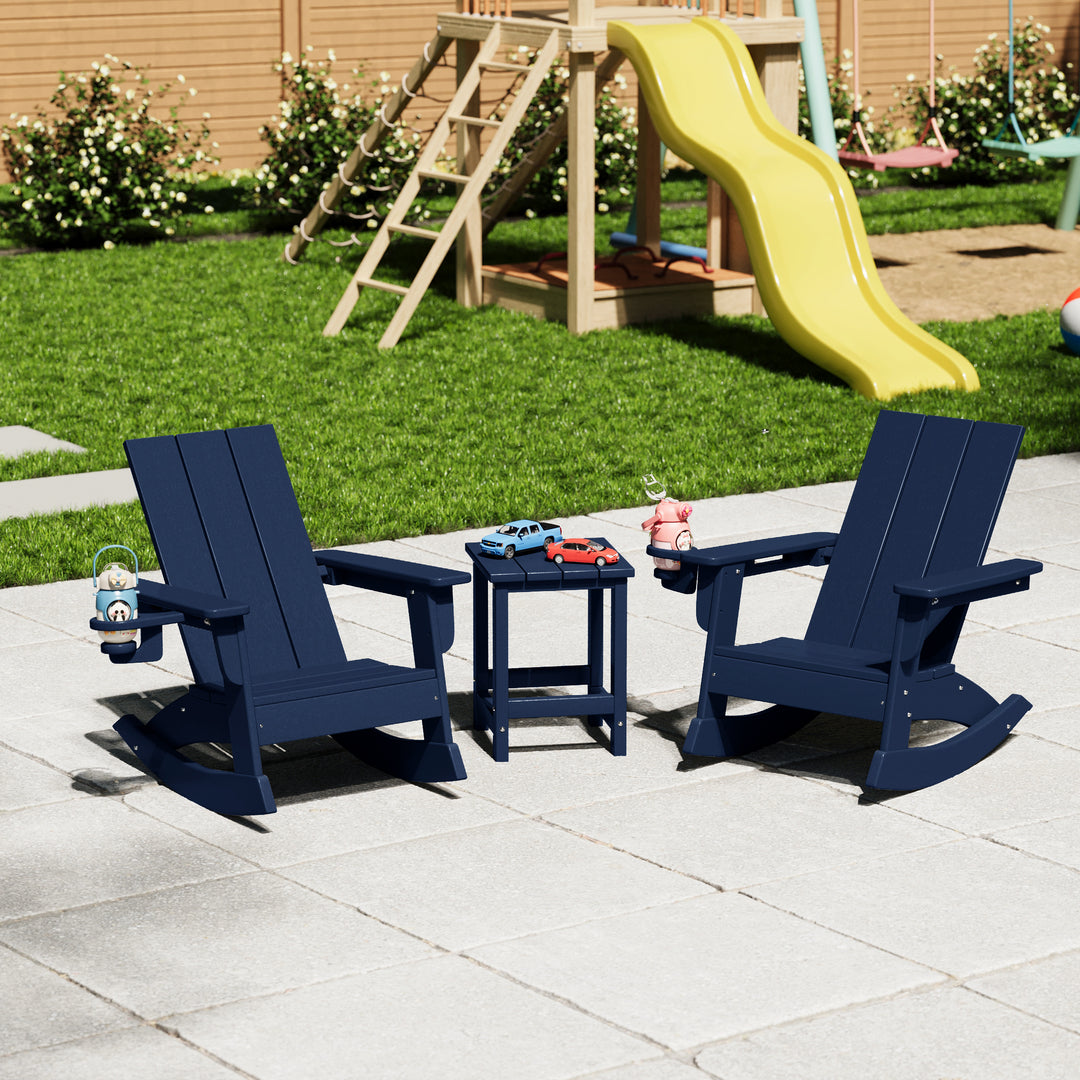 Ashore 3-Piece Kids Modern Rocking Chair With Cup Holder and Square Side Table Set