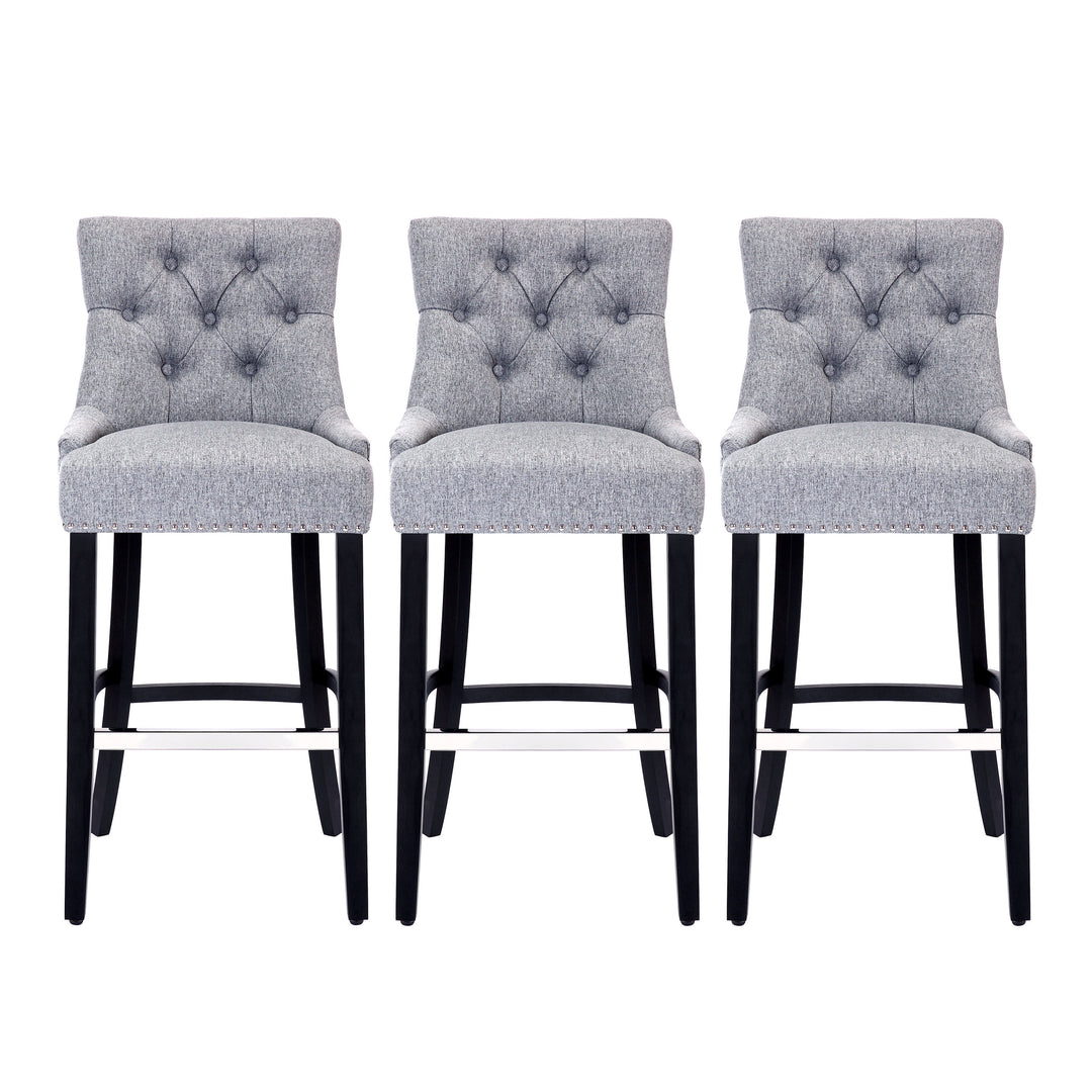 Hayes 29" Upholstered Tufted Wood Bar Stool (Set of 3), Black