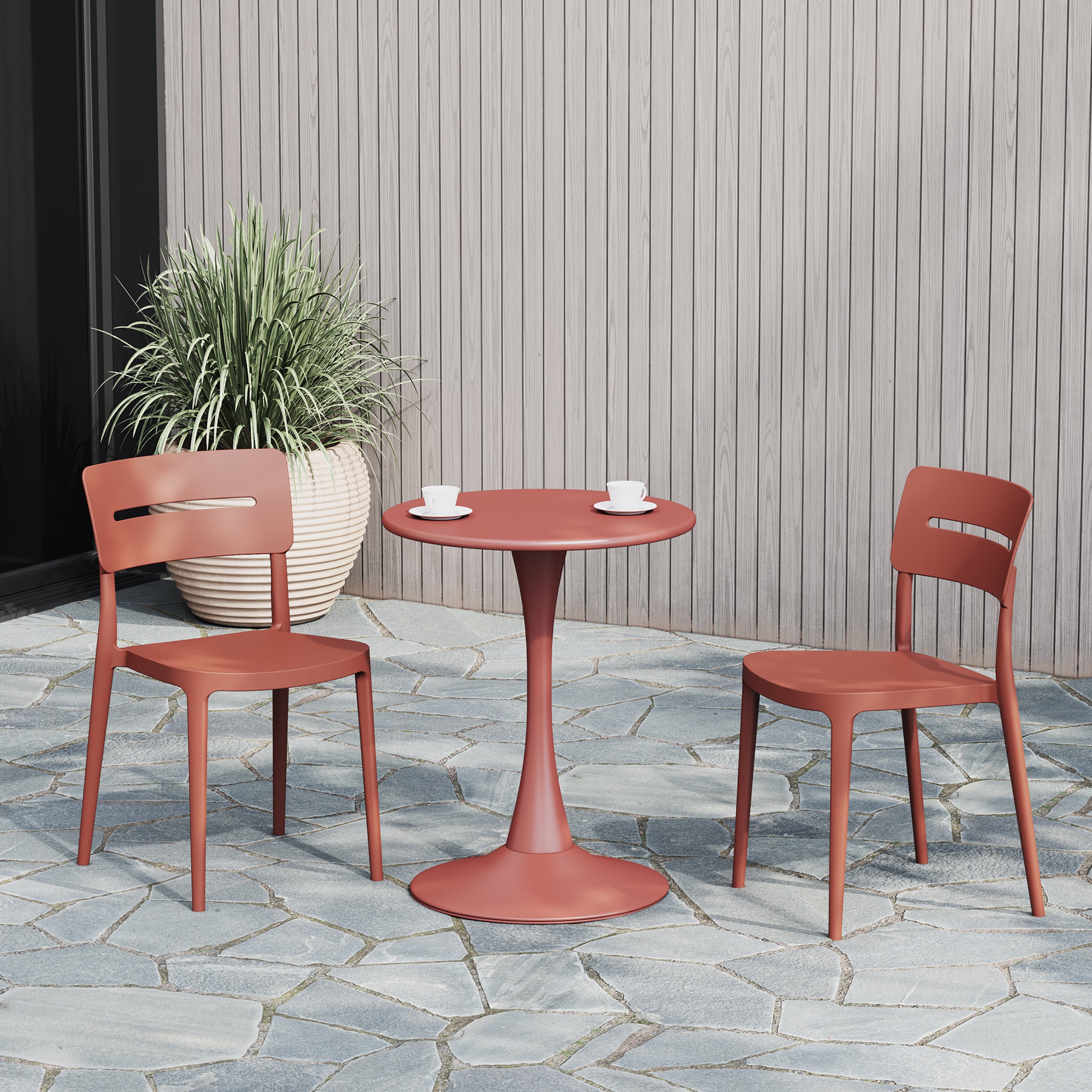 Playa 3-Piece Outdoor Round Metal Patio Dining Table Set With Stackable Patio Chairs
