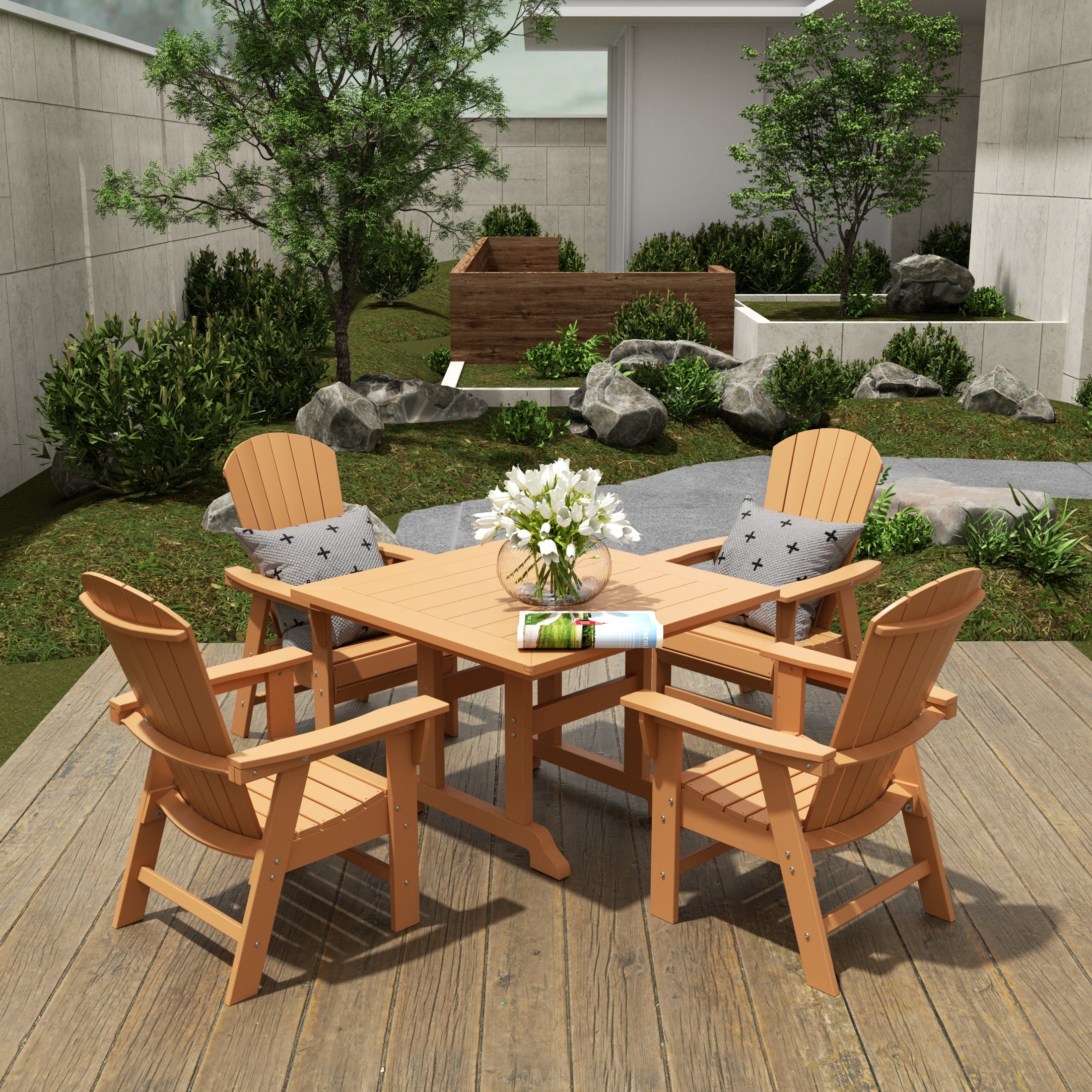 Dylan 5 Piece Outdoor Patio Dining Square Table and Shell Back Armchair Set