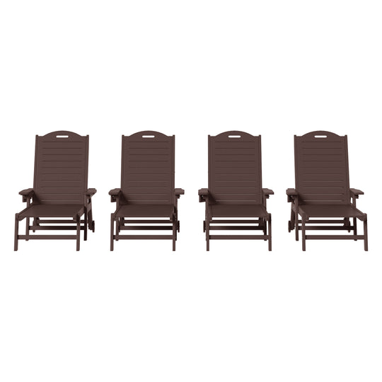 Aruba Outdoor HDPE Patio Chaise Lounges With Wheels & Cup Holder (Set of 4)