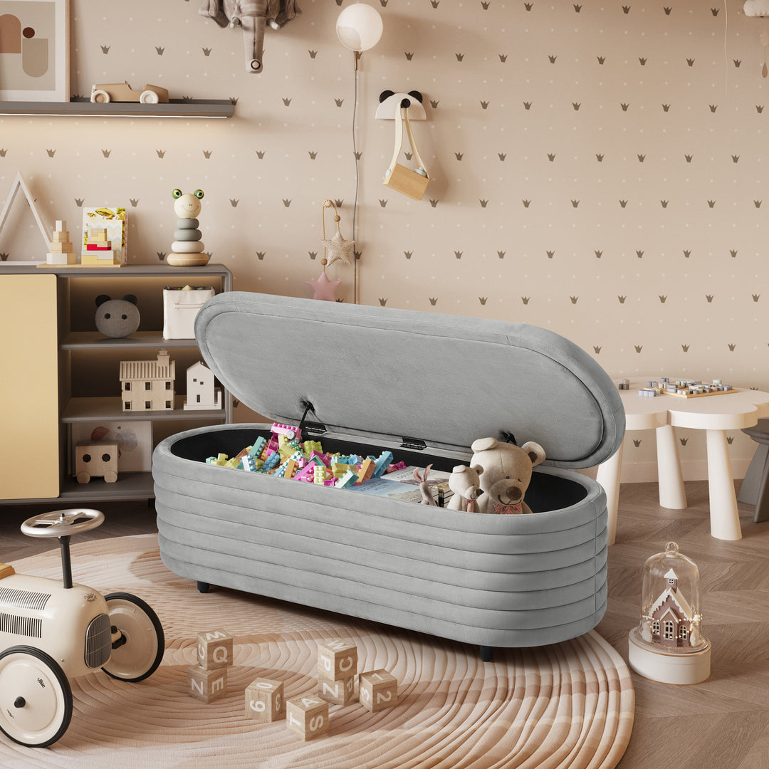 Phoebe 54" Wide Mid-Century Modern Upholstered Velvet Tufted Oval Storage Ottoman Bench