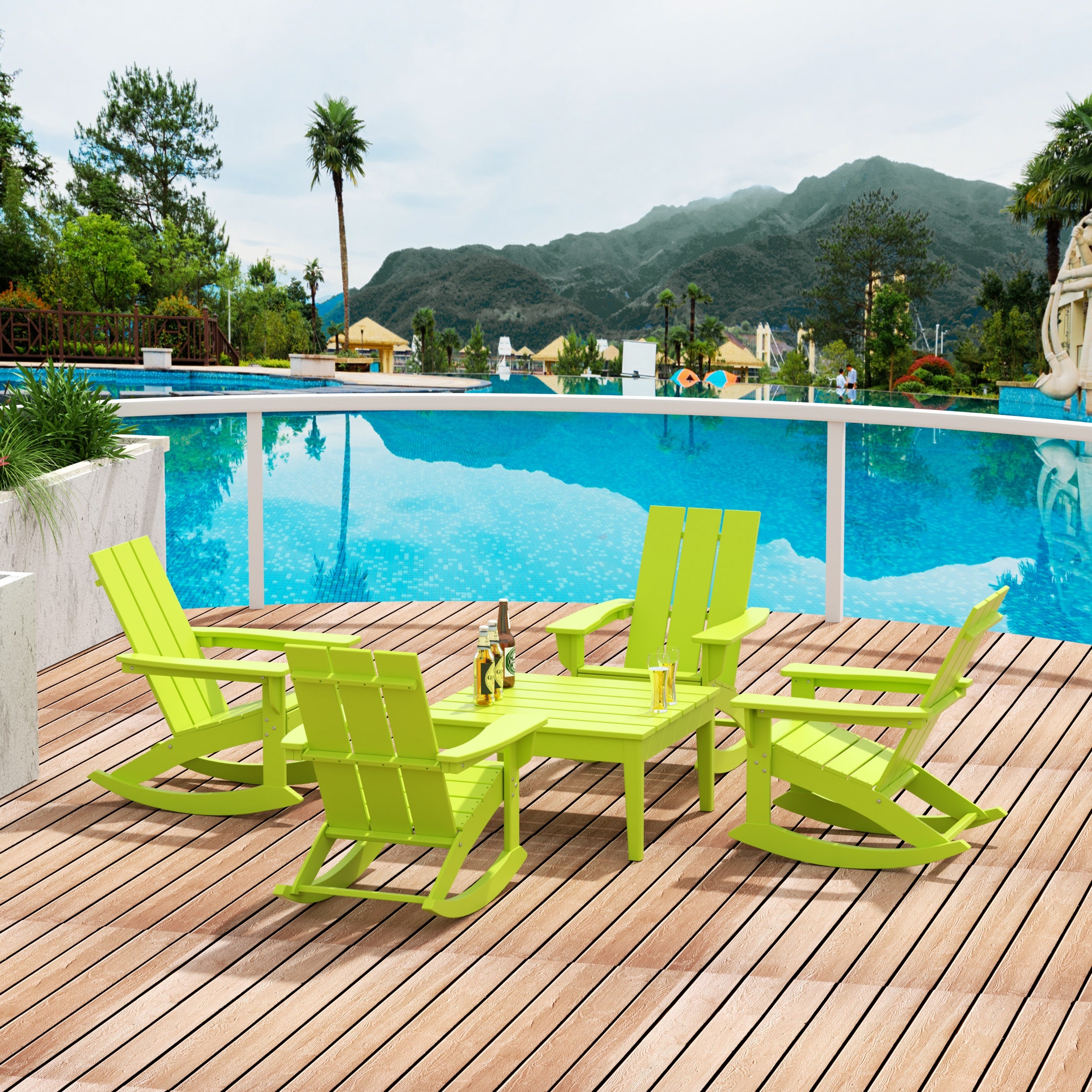 Ashore 5-Piece Set Modern Plastic Outdoor Rocking Chairs with Square Side Table