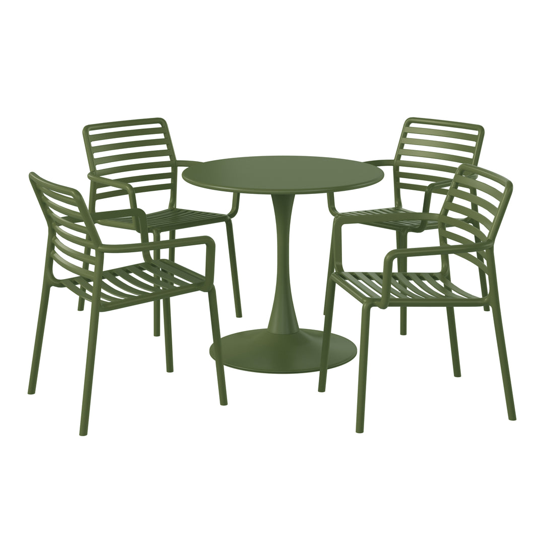 Playa 5-Piece Indoor Outdoor Metal Patio Dining Table Set With Stackable Plastic Patio Arm Chairs